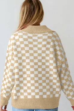 Sale Dear-Lover Checkered Buttons Collar V Neck Drop Shoulder Sweater Apricot