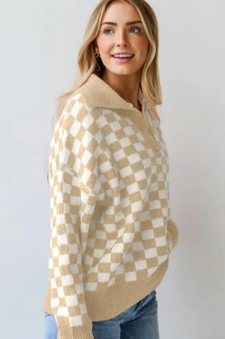 Sale Dear-Lover Checkered Buttons Collar V Neck Drop Shoulder Sweater Apricot