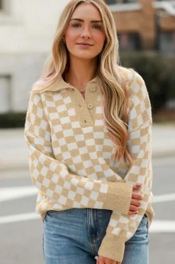 Sale Dear-Lover Checkered Buttons Collar V Neck Drop Shoulder Sweater Apricot