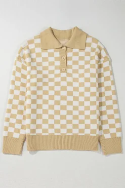 Sale Dear-Lover Checkered Buttons Collar V Neck Drop Shoulder Sweater Apricot