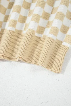 Sale Dear-Lover Checkered Buttons Collar V Neck Drop Shoulder Sweater Apricot