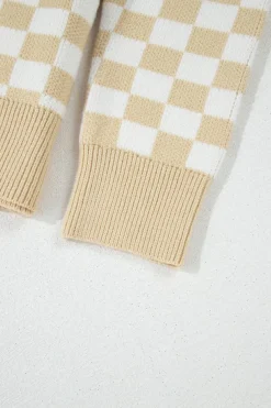 Sale Dear-Lover Checkered Buttons Collar V Neck Drop Shoulder Sweater Apricot