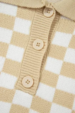Sale Dear-Lover Checkered Buttons Collar V Neck Drop Shoulder Sweater Apricot