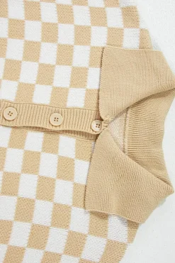 Sale Dear-Lover Checkered Buttons Collar V Neck Drop Shoulder Sweater Apricot
