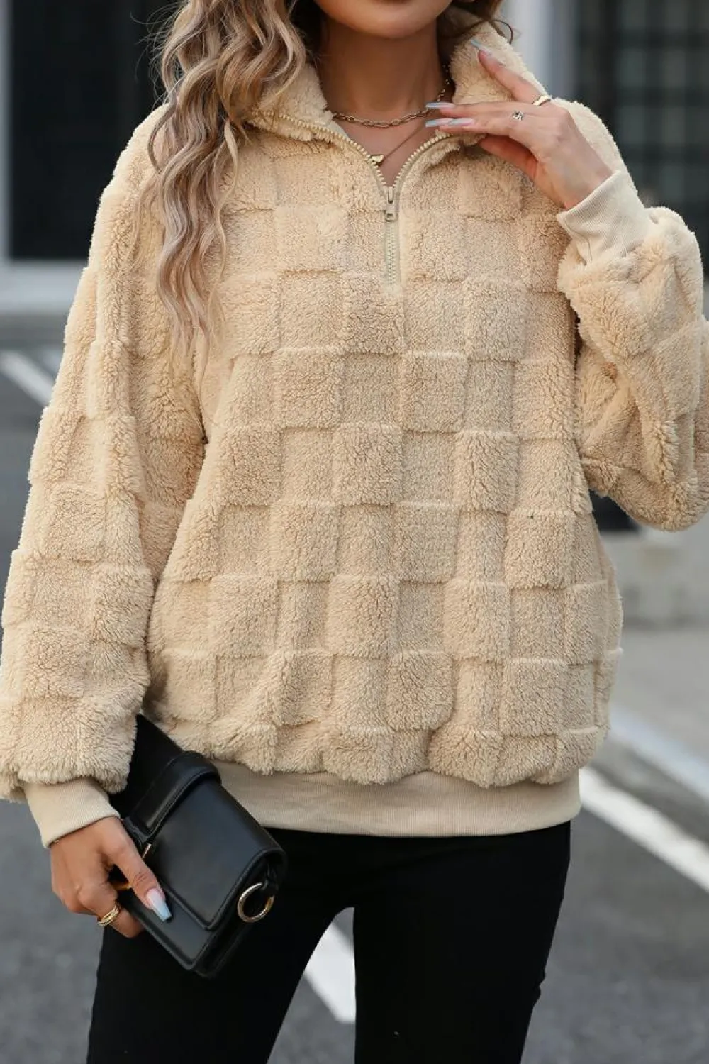Best Dear-Lover Checkered Plush Quarter Zipper Pullover Sweatshirt Apricot