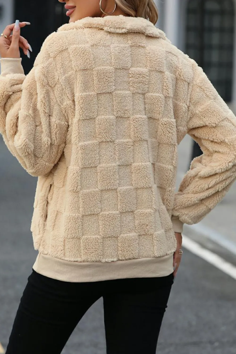 Best Dear-Lover Checkered Plush Quarter Zipper Pullover Sweatshirt Apricot