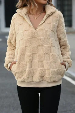 Best Dear-Lover Checkered Plush Quarter Zipper Pullover Sweatshirt Apricot