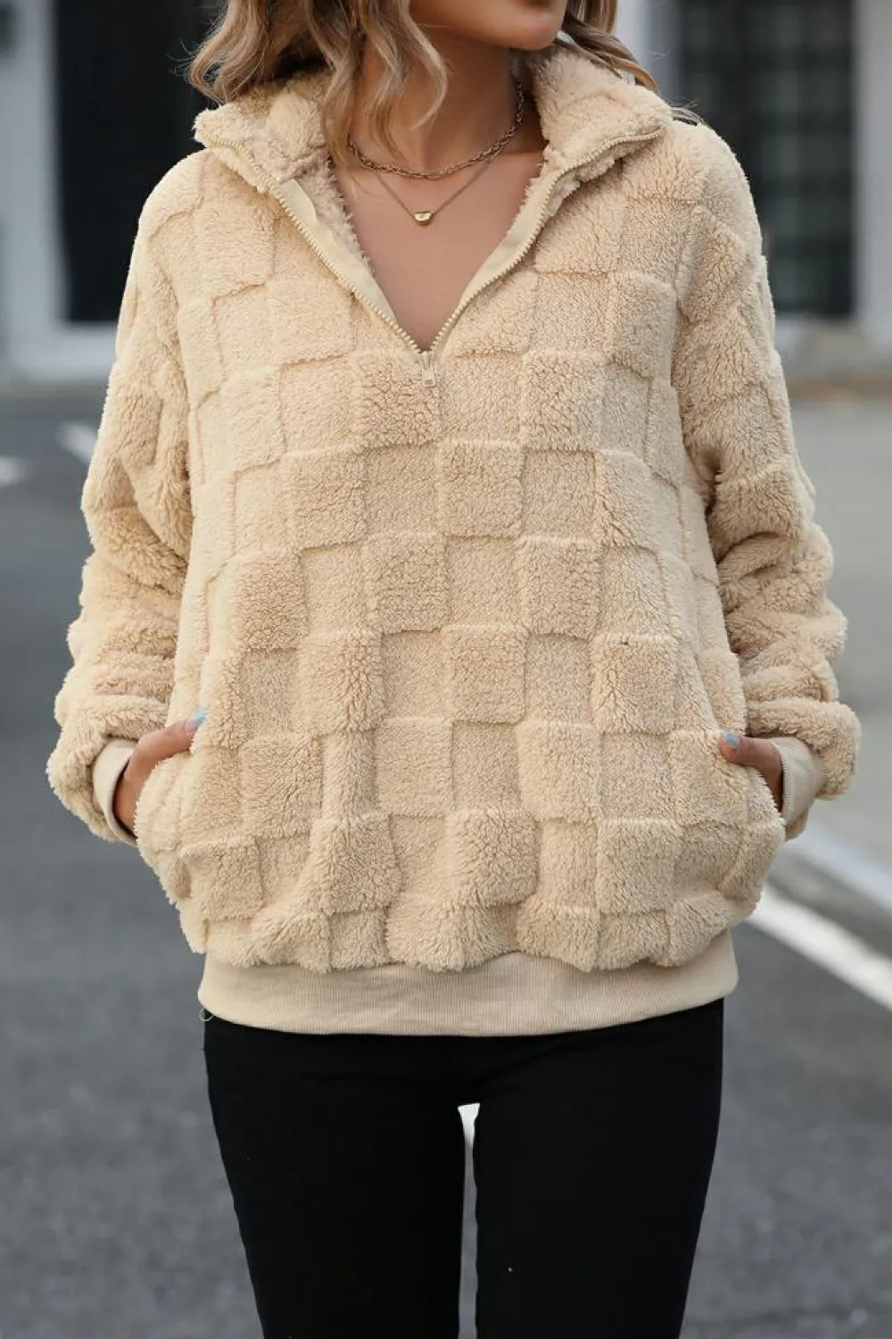 Best Dear-Lover Checkered Plush Quarter Zipper Pullover Sweatshirt Apricot