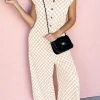 Outlet Dear-Lover Checkered Print Buttoned Crew Neck Wide Leg Jumpsuit Apricot