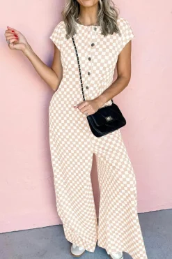 Outlet Dear-Lover Checkered Print Buttoned Crew Neck Wide Leg Jumpsuit Apricot