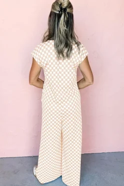 Outlet Dear-Lover Checkered Print Buttoned Crew Neck Wide Leg Jumpsuit Apricot