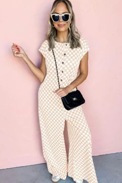 Outlet Dear-Lover Checkered Print Buttoned Crew Neck Wide Leg Jumpsuit Apricot