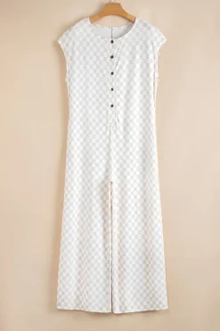 Outlet Dear-Lover Checkered Print Buttoned Crew Neck Wide Leg Jumpsuit Apricot