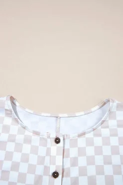 Outlet Dear-Lover Checkered Print Buttoned Crew Neck Wide Leg Jumpsuit Apricot