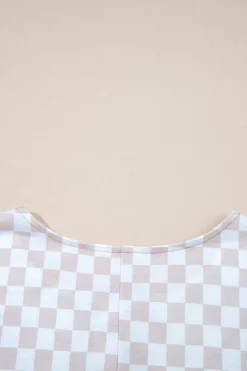 Outlet Dear-Lover Checkered Print Buttoned Crew Neck Wide Leg Jumpsuit Apricot