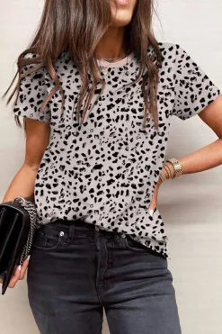 Fashion Dear-Lover Cheetah Print O-neck Short Sleeve T Shirt Apricot