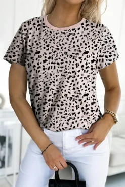 Fashion Dear-Lover Cheetah Print O-neck Short Sleeve T Shirt Apricot