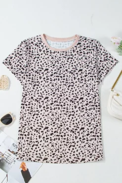 Fashion Dear-Lover Cheetah Print O-neck Short Sleeve T Shirt Apricot