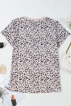 Fashion Dear-Lover Cheetah Print O-neck Short Sleeve T Shirt Apricot
