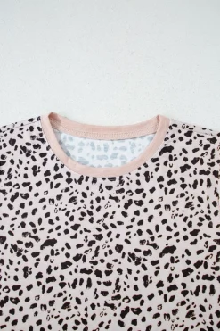 Fashion Dear-Lover Cheetah Print O-neck Short Sleeve T Shirt Apricot