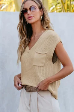 Fashion Dear-Lover Chest Pocket V Neck Ribbed Cap Sleeve Sweater Apricot