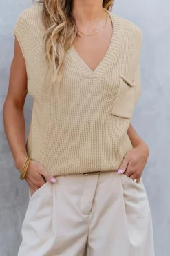 Fashion Dear-Lover Chest Pocket V Neck Ribbed Cap Sleeve Sweater Apricot