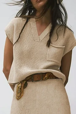 Fashion Dear-Lover Chest Pocket V Neck Ribbed Cap Sleeve Sweater Apricot