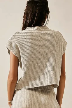 Fashion Dear-Lover Chest Pocket V Neck Ribbed Cap Sleeve Sweater Apricot