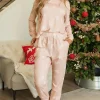 Hot Dear-Lover Christmas Tree Print Loose Fit Two Piece Pajama Set Apricot