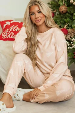 Hot Dear-Lover Christmas Tree Print Loose Fit Two Piece Pajama Set Apricot