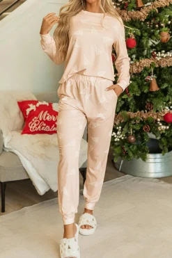 Hot Dear-Lover Christmas Tree Print Loose Fit Two Piece Pajama Set Apricot