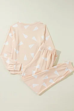 Hot Dear-Lover Christmas Tree Print Loose Fit Two Piece Pajama Set Apricot
