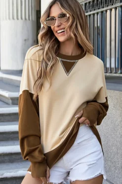 Discount Dear-Lover Color Block Thumbhole Sleeve Drop Shoulder Sweatshirt Apricot