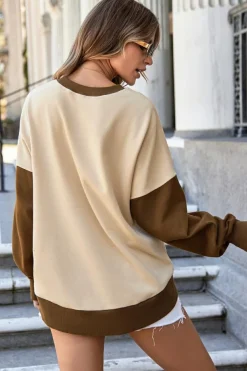 Discount Dear-Lover Color Block Thumbhole Sleeve Drop Shoulder Sweatshirt Apricot