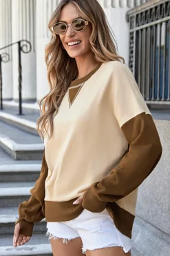 Discount Dear-Lover Color Block Thumbhole Sleeve Drop Shoulder Sweatshirt Apricot