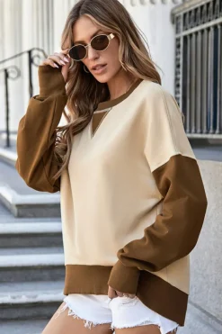 Discount Dear-Lover Color Block Thumbhole Sleeve Drop Shoulder Sweatshirt Apricot