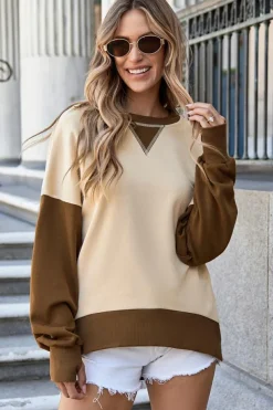 Discount Dear-Lover Color Block Thumbhole Sleeve Drop Shoulder Sweatshirt Apricot