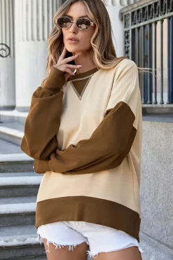 Discount Dear-Lover Color Block Thumbhole Sleeve Drop Shoulder Sweatshirt Apricot