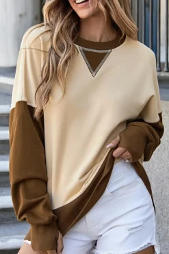 Discount Dear-Lover Color Block Thumbhole Sleeve Drop Shoulder Sweatshirt Apricot