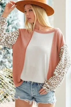 Discount Dear-Lover Colorblock Leopard Sleeve Patchwork Top Apricot