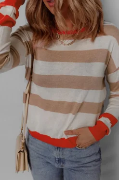 Hot Dear-Lover Colorblock Striped Round Neck Drop Shoulder Sweater Apricot