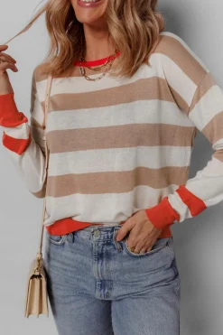 Hot Dear-Lover Colorblock Striped Round Neck Drop Shoulder Sweater Apricot
