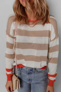 Hot Dear-Lover Colorblock Striped Round Neck Drop Shoulder Sweater Apricot