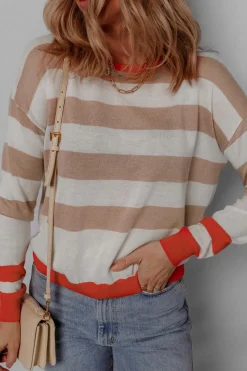 Hot Dear-Lover Colorblock Striped Round Neck Drop Shoulder Sweater Apricot