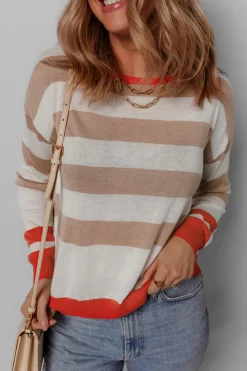 Hot Dear-Lover Colorblock Striped Round Neck Drop Shoulder Sweater Apricot