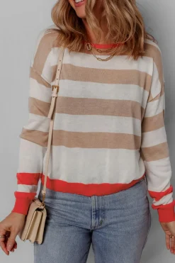 Hot Dear-Lover Colorblock Striped Round Neck Drop Shoulder Sweater Apricot