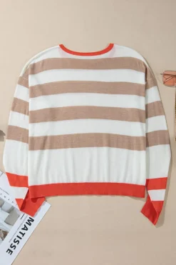 Hot Dear-Lover Colorblock Striped Round Neck Drop Shoulder Sweater Apricot