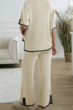 Sale Dear-Lover Contrast Trim Knitted Round Neck Sweater Tee and Pants Lounge Set Apricot