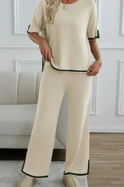Sale Dear-Lover Contrast Trim Knitted Round Neck Sweater Tee and Pants Lounge Set Apricot
