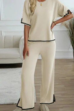 Sale Dear-Lover Contrast Trim Knitted Round Neck Sweater Tee and Pants Lounge Set Apricot